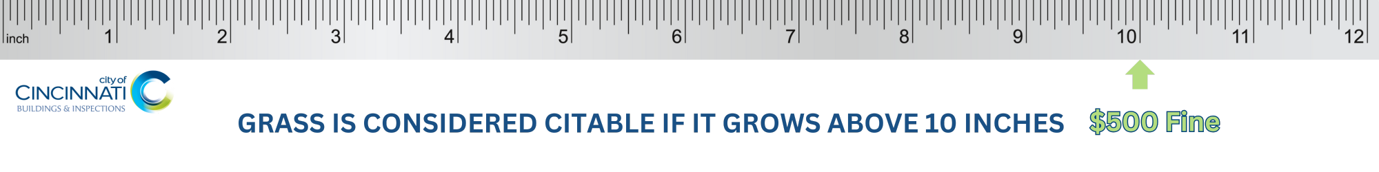 City of Cincinnati Buildings and Inspections Logo, a ruler that reads "Grass is considered citable if it grows above 10 inches, with an arrow pointed at 10 inches that reads "$500 fine"