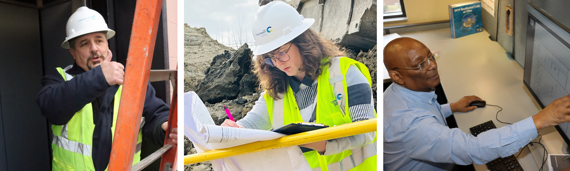 Three Building and Inspections Staff working hard. 1) An elevator inspector giving a thumbs up. 2) An inspector checking plans. 3) A plans examiner looking over plans on the computer