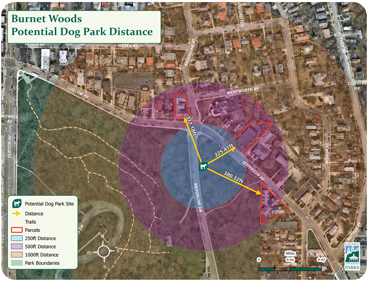 map showing distance of dog park to residences