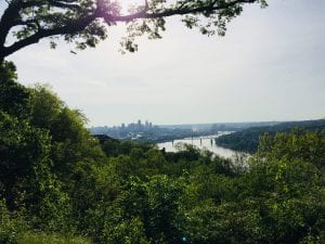 view of the ohio river surrounded by trees and greenery
